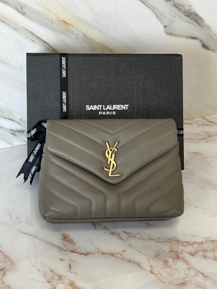 Saint Laurent Loulou quilted leather shoulder bag in a grey khaki