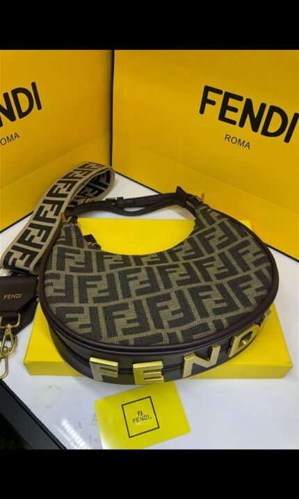 Fendi Fendigraphy Small hobo bag in brown fabric with the FF jacquard motif and gold-finish metal lettering