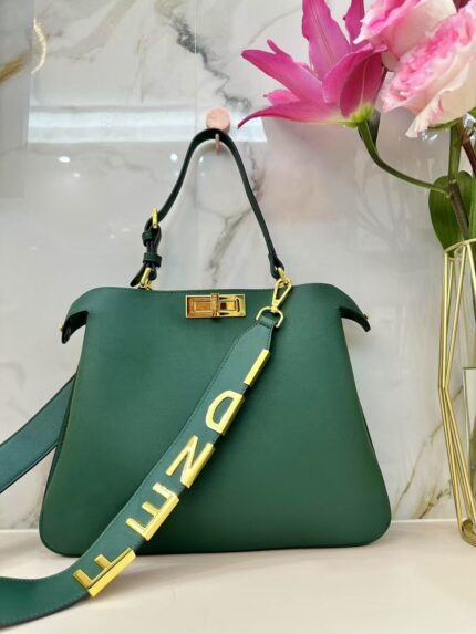 Fendi medium Peekaboo Soft bag in green leather with a matching adjustable shoulder strap