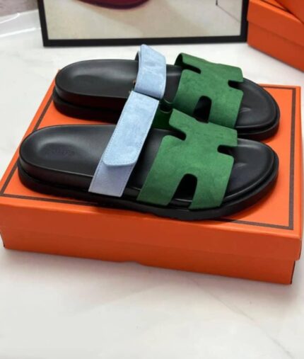 Hermès Chypre Suede Flat Sandals Green Light Blue