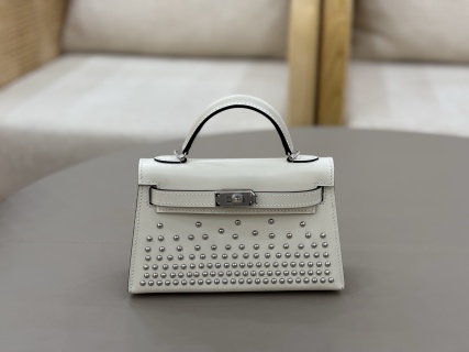 white Hermès Mini Kelly 20 Clouté Sellier bag