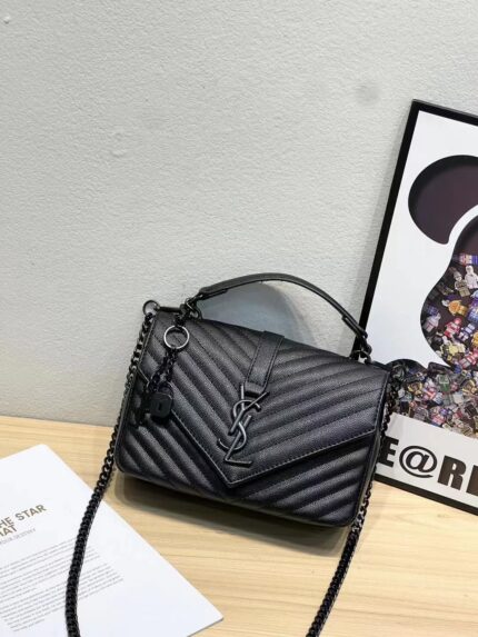 Saint Laurent College Medium satchel in black chevron-quilted leather with all black