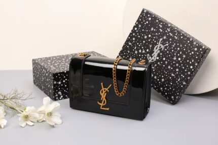 Saint Laurent Sunset Medium chain bag in black patent leather