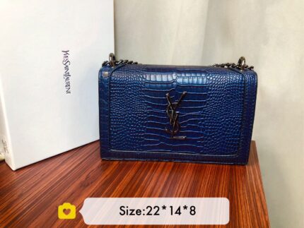 Saint Laurent Sunset Medium Bag in blue crocodile-embossed leather