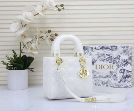 White patent leather Lady Dior mini bag with gold-tone hardware.