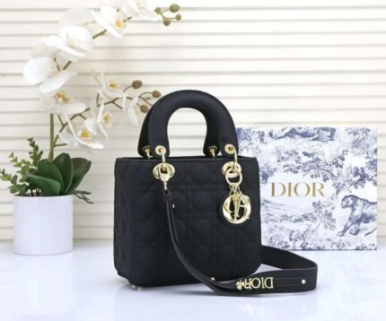 Christian Dior Lady Dior mini bag in black cannage lambskin leather with light gold-finish