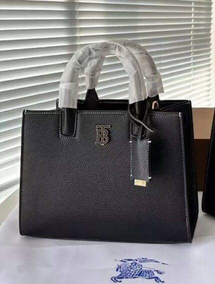 Burberry Black Frances TB Plaque Tote Bag crafted from calf leather