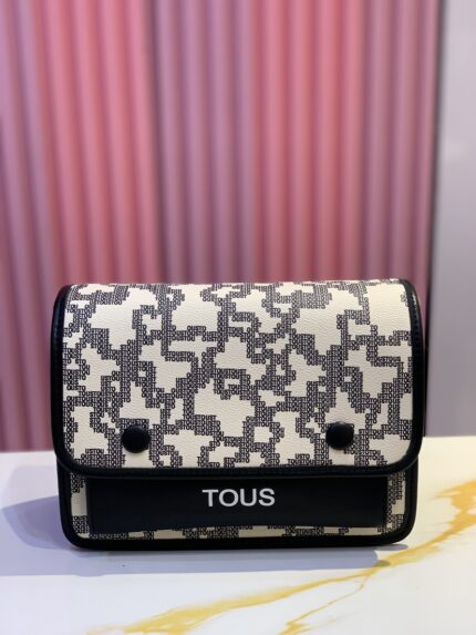 Medium beige and black Tous Audree Kaos Mini Crossbody bag in a polyurethane with a leather-effect finish