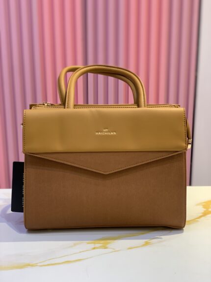 Hai zhi lan brown and tan faux leather top handle satchel handbag.