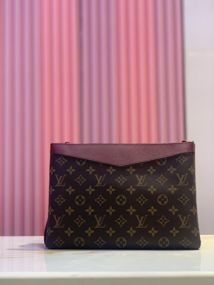 Louis Vuitton Pochette Pallas clutch bag in monogram canvas with Aurore (purple) calfskin leather trim