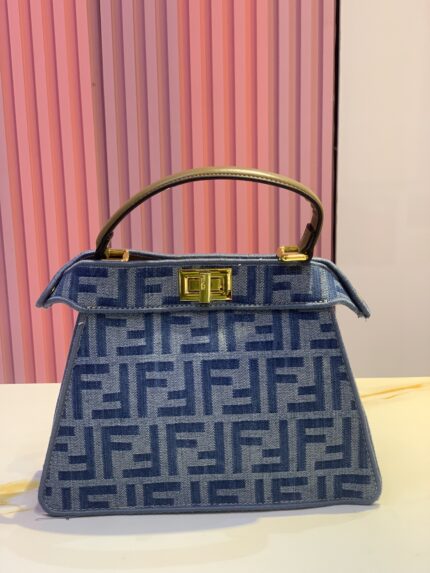 Fendi Chenille Vitello Seta FF Small Peekaboo I SEE U Satchel in Grigio Blue Notte