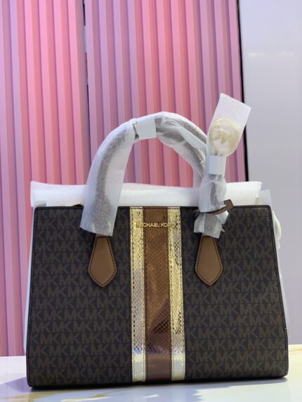 Michael Kors Sheila medium signature logo and metallic satchel in a brown and pale gold color scheme