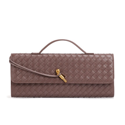 Bottega Veneta NNEDSZ Luxury Woven PU Leather Clutch in a coffee or grayish-brown color