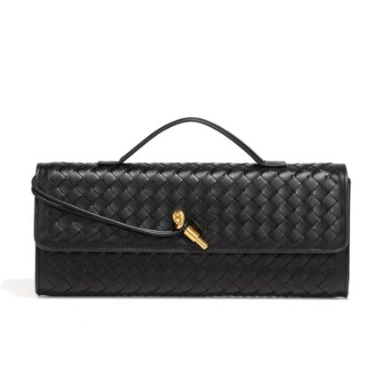Bottega Veneta black woven leather clutch bag with a knot-style closure.