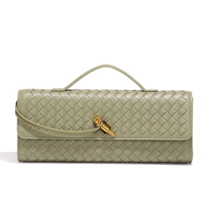 Bottega Veneta olive green woven leather crossbody baguette bag with a gold-tone buckle closure