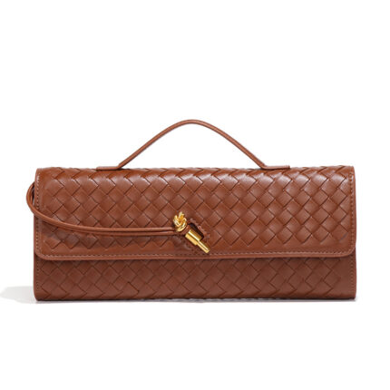 Bottega Veneta brown woven leather clutch bag with a knot-style gold hardware closure