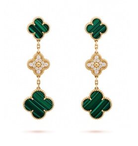 Van Cleef & Arpels Magic Alhambra earrings featuring three motifs in 18K yellow gold, malachite, and round diamonds