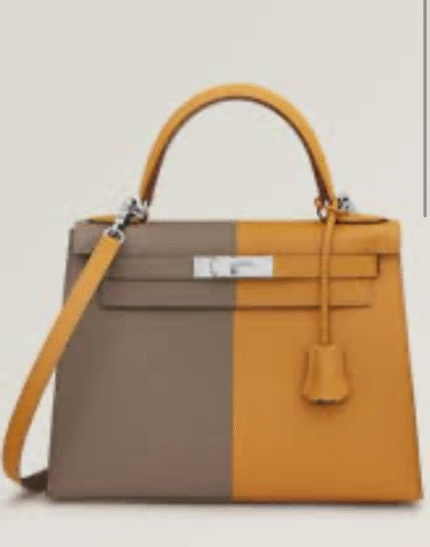 limited edition Hermès Kelly 28 Sellier Casaque bag in Epsom leather featuring Etoupe and Sesame colors with palladium hardware