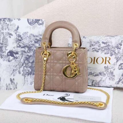 Mini Lady Dior bag in desert taupe cannage lambskin with