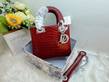 Red crocodile mini Lady Dior handbag