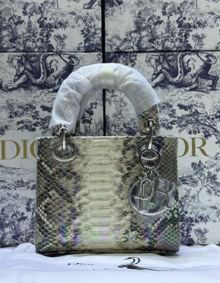 Dior Beige/Black Python and Sequins Medium Lady Dior Tote