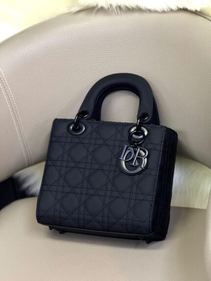 Mini Lady Dior bag in black ultramatte Cannage calfskin