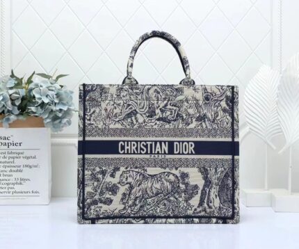 Medium Dior Book Tote Ecru and Blue Toile de Jouy Embroidery