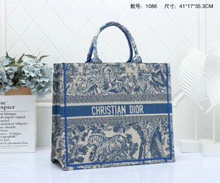 Large Dior Book Tote Ecru and Blue Toile de Jouy Embroidery