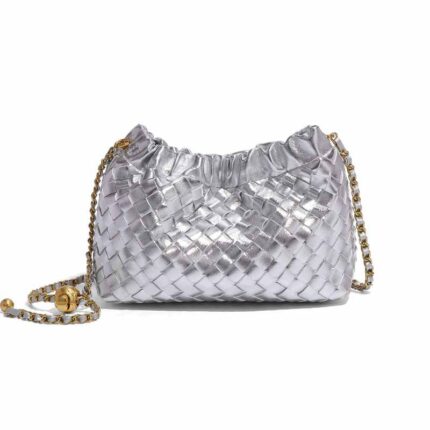 Silver woven leather ruched pouch bag with a gold-tone chain strap