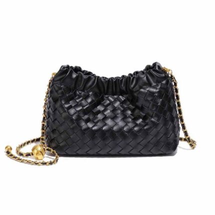 Black woven faux leather crossbody bag with a ruched design and a gold-tone chain strap