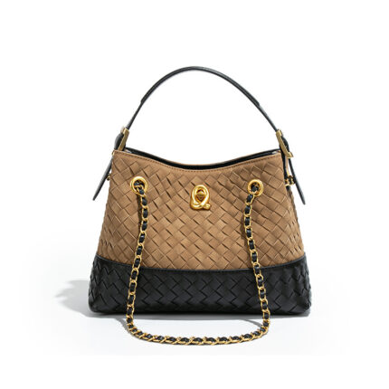 Commense burgundy woven hobo bag with a gold-tone top handle, made of faux leather.