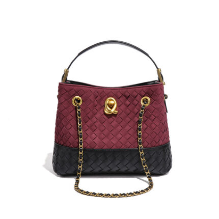 Wine woven hobo bag with a gold-tone top handle, made of faux leather.